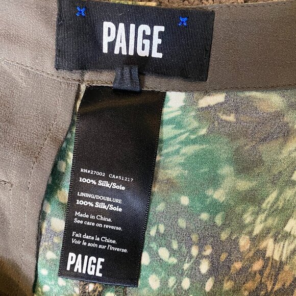 Paige Silk Animal Feather Print Trouser Pants Womens Sz 6 Green Brown #71P - Picture 9 of 10